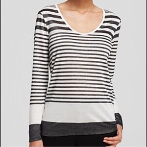 VINCE Variegated Deep Crewneck Top Oversized Shirt Knitted White Grey Stripe M